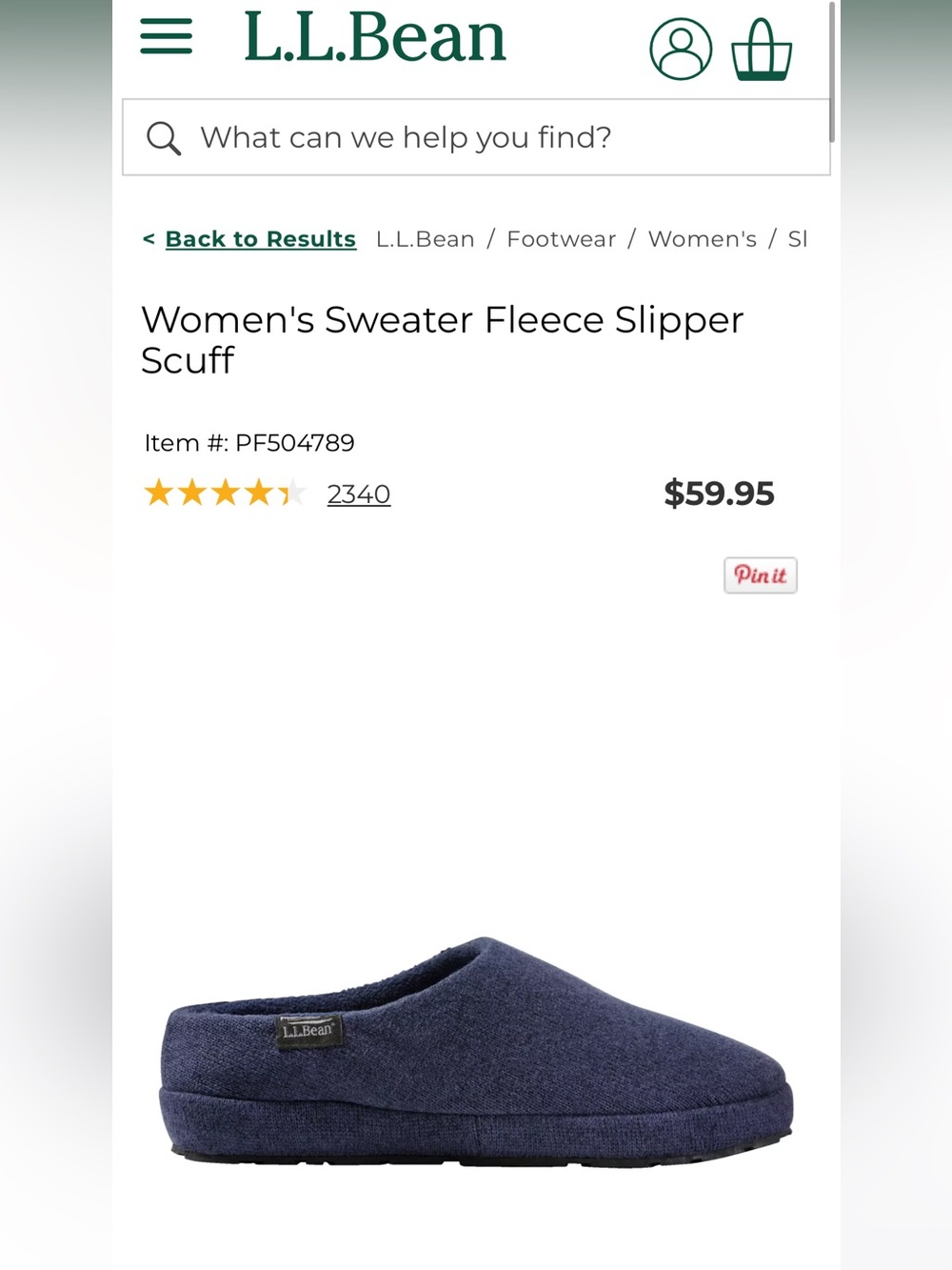 L.L. Bean Women's Sweater Fleece Slipper Scuff — Navy